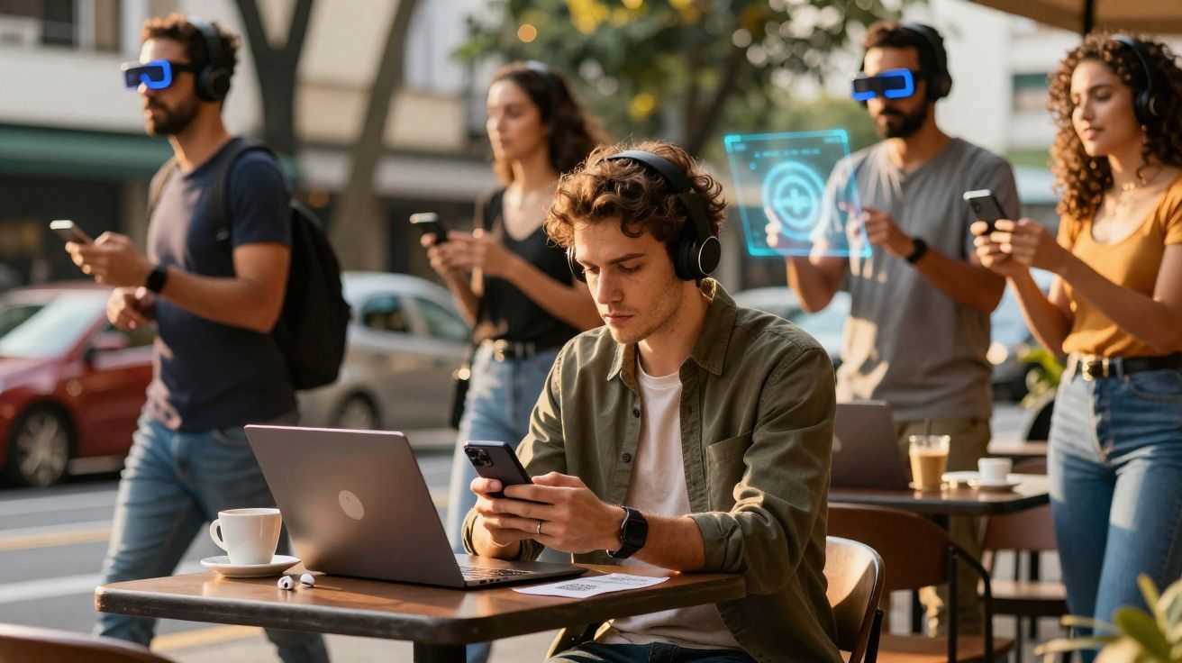 Jovem sentado em cafeteria usando celular, laptop e fones; pessoas com tecnologia futurista ao fundo na rua.