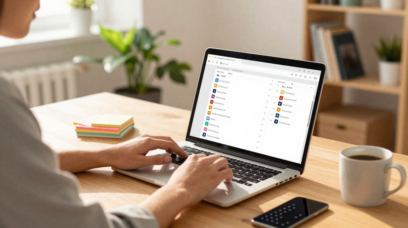 Pessoa usando laptop em mesa de madeira com celular, bloco de anotações e caneca de café ao lado.