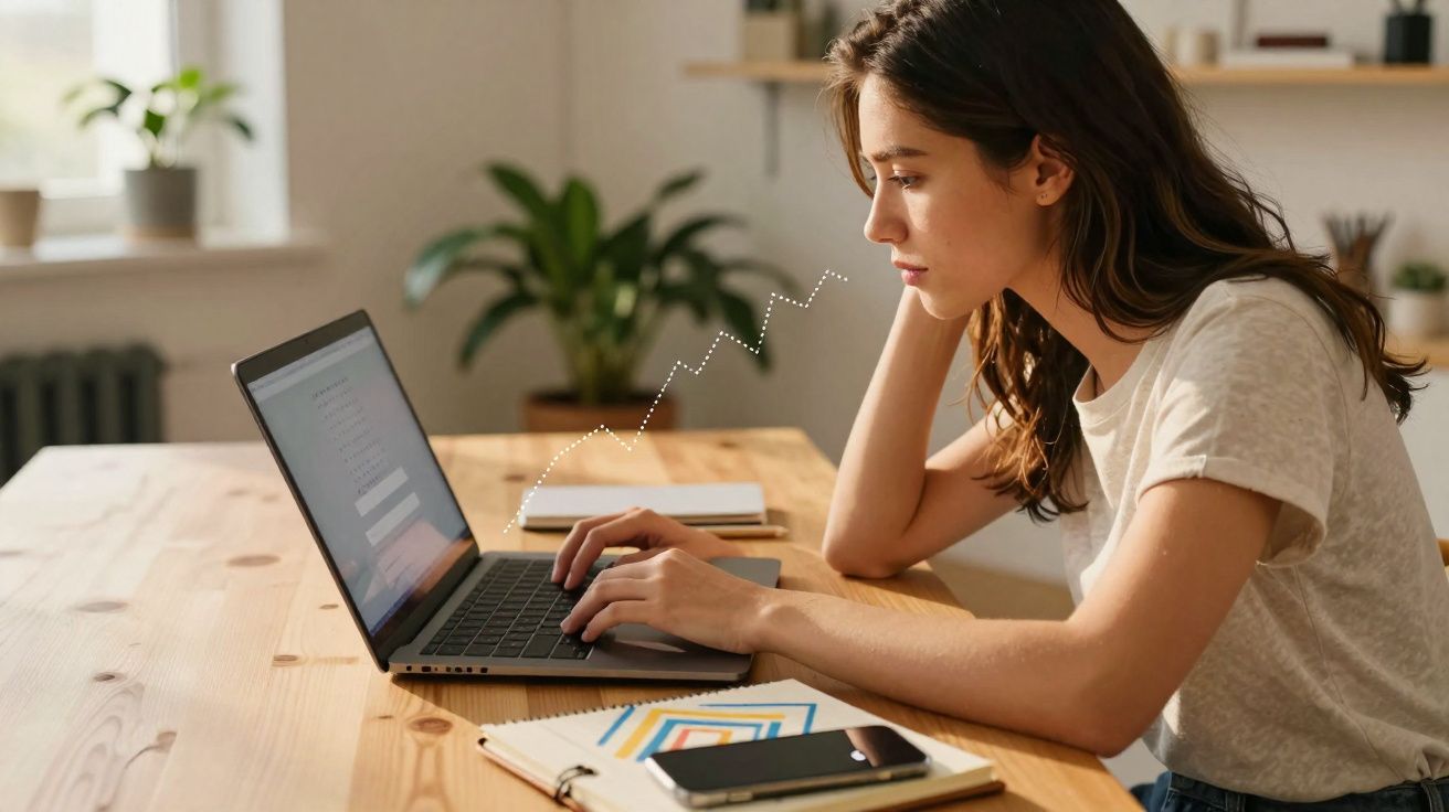 Jovem concentrada usando laptop em mesa de madeira, com celular e caderno ao lado, em ambiente claro e plantas.