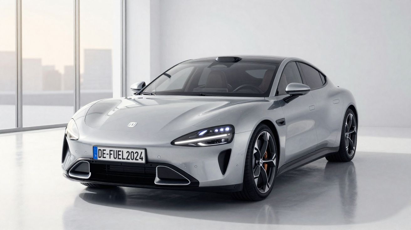 Carro esportivo elétrico prata estacionado em ambiente interno minimalista com luz natural.