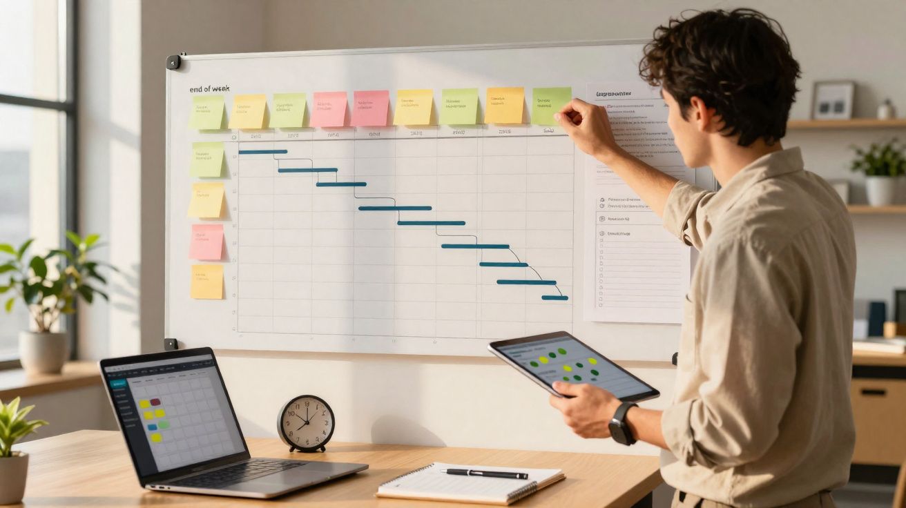 Pessoa analisando planejamento em gráfico de Gantt com post-its coloridos em escritório iluminado.