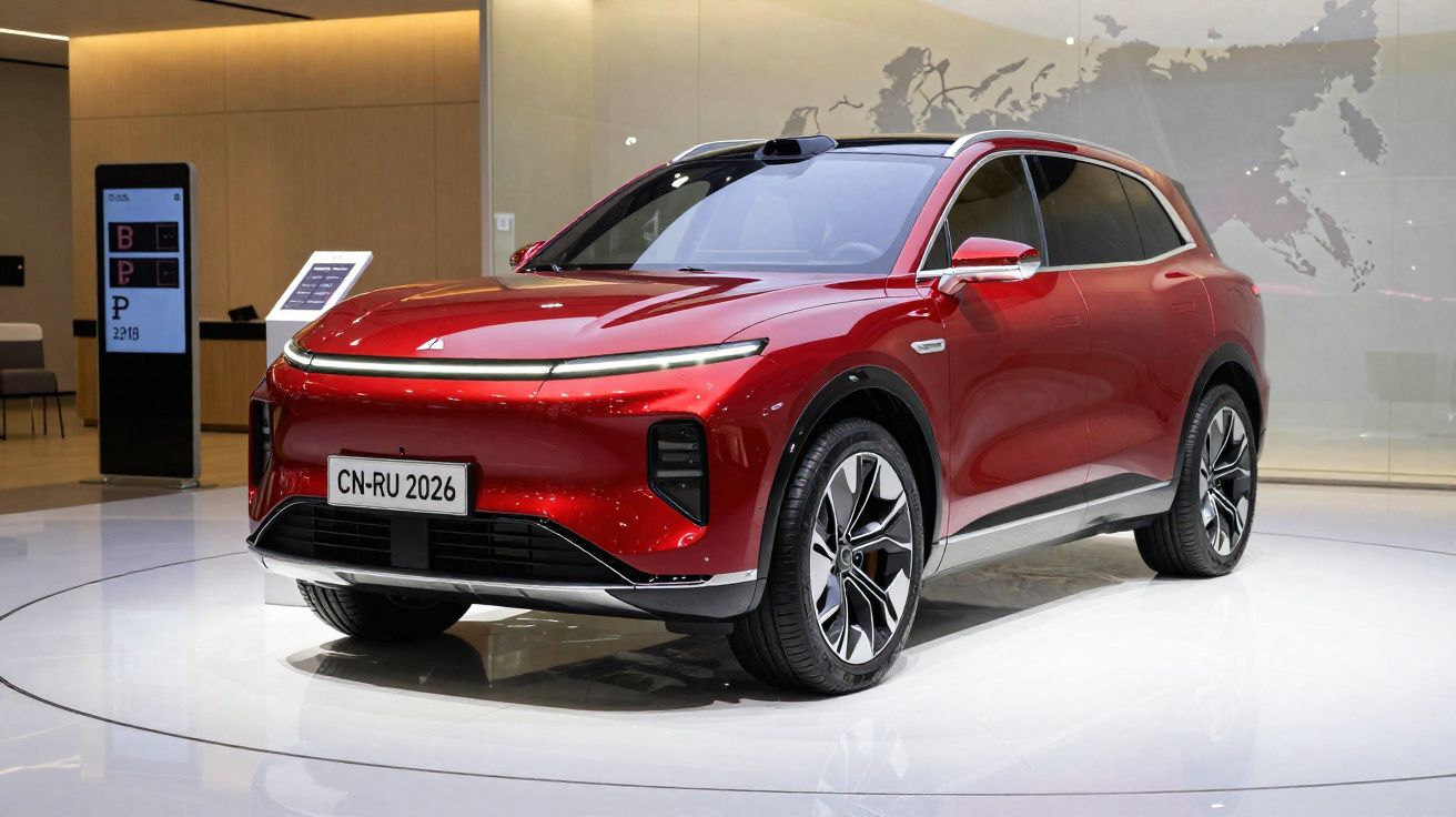 Carro SUV elétrico vermelho moderno em exibição dentro de ambiente fechado.