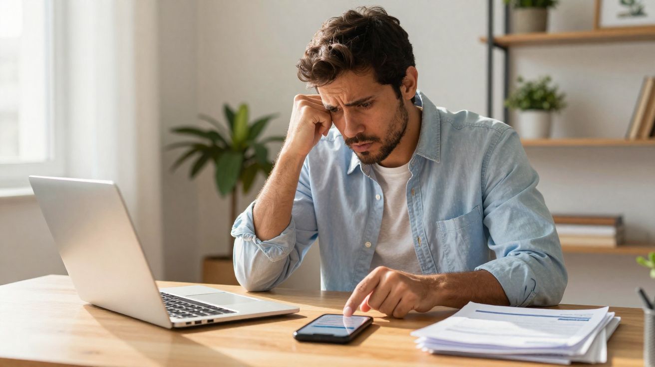 Homem preocupado usando celular sentado à mesa com computador e documentos ao lado em ambiente claro.