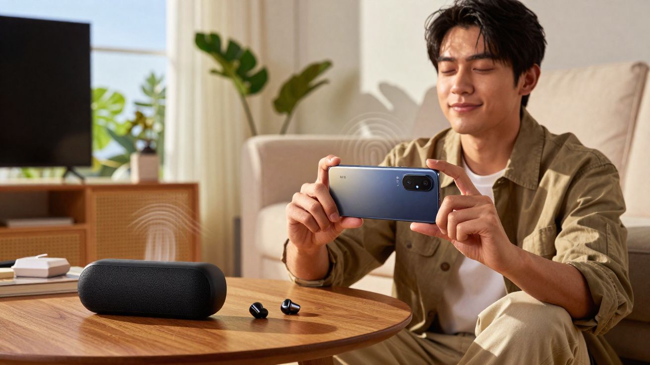 Homem usando smartphone para transmitir áudio em caixa de som Bluetooth preta sobre mesa de madeira.