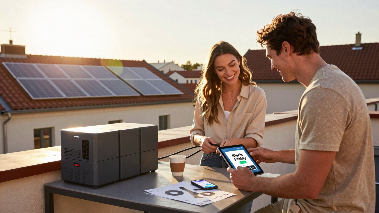 Casal usando tablet em mesa externa com sistema de energia solar em telhado ao fundo ao pôr do sol.