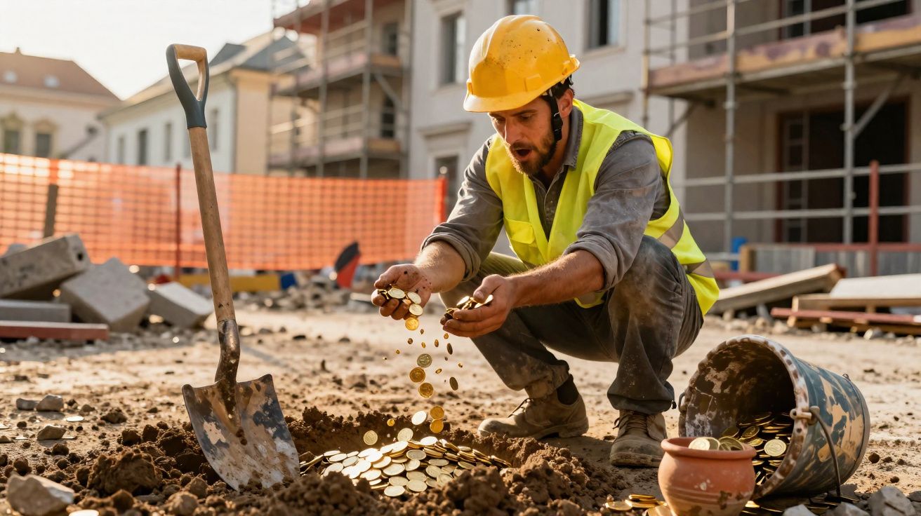 Homem com capacete e colete reflete enquanto moedas caem de suas mãos em canteiro de obras.