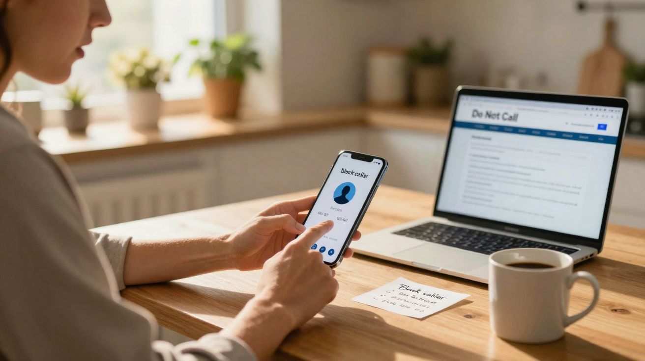 Pessoa bloqueando chamada indesejada no celular com laptop aberto em página sobre bloqueios ao fundo.