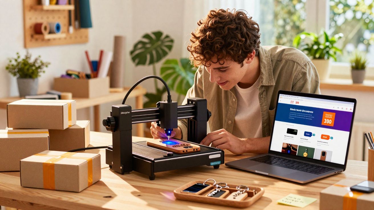Pessoa usando gravador para personalizar chaveiros de madeira em bancada com laptop e caixas de papelão.