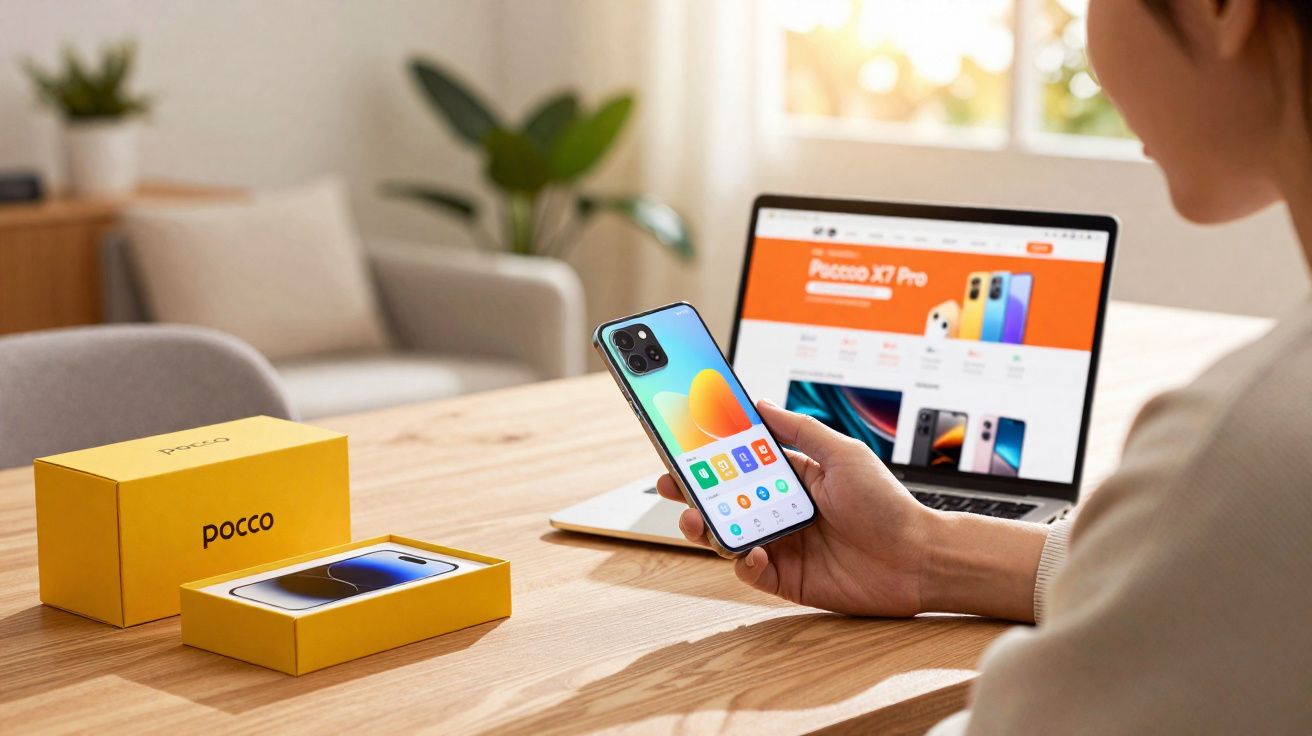 Pessoa segurando celular Poco ao lado da caixa amarela e laptop exibindo página do Poco X7 Pro.
