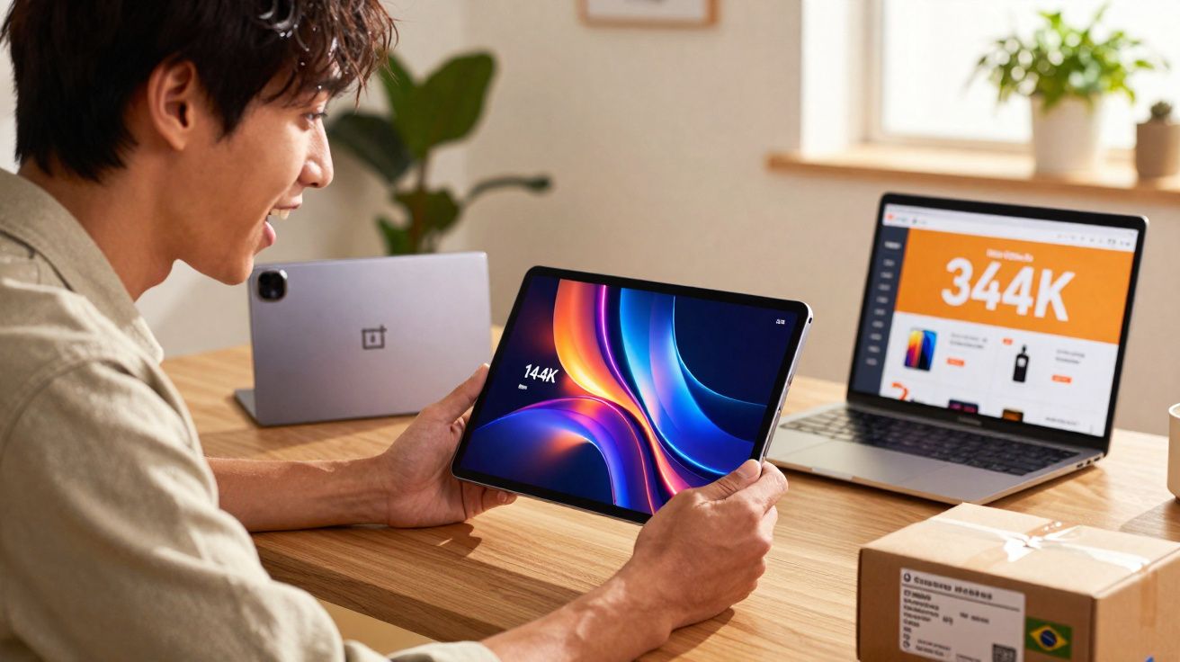 Homem segurando tablet com gráficos, laptop aberto e caixa com bandeira do Brasil na mesa.