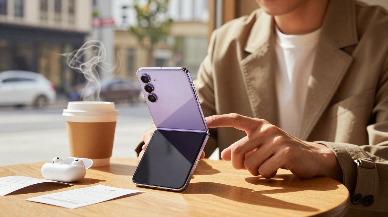 Pessoa usando smartphone dobrável roxo em mesa com café, fones de ouvido sem fio e recibos.