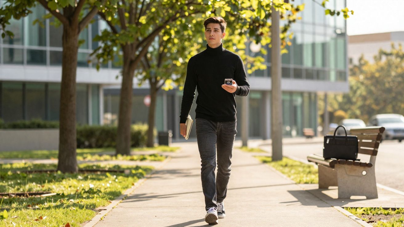 Jovem vestido com blusa preta e calça jeans caminhando na calçada urbana segurando livro e celular.