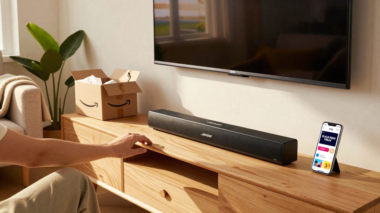 Pessoa alcançando soundbar Bose em rack de madeira com TV na parede e celular ao lado.