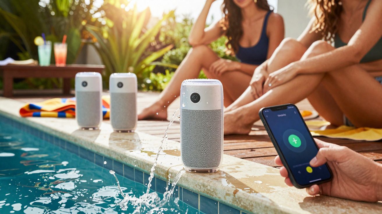 Caixa de som portátil à prova d'água perto da piscina com pessoas ao fundo e controle via smartphone.