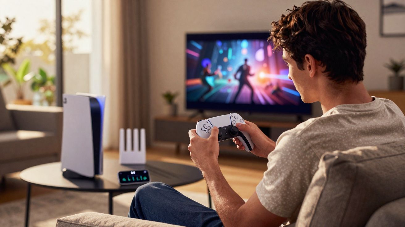 Homem sentado no sofá jogando videogame com controle, TV ligada e console em uma mesa à frente.