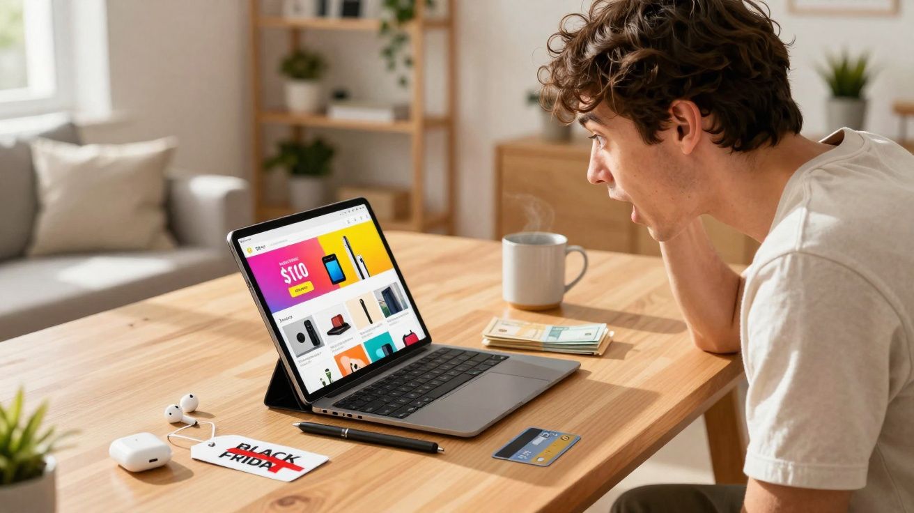 Jovem surpreso fazendo compras online em laptop com etiqueta de Black Friday sobre a mesa.