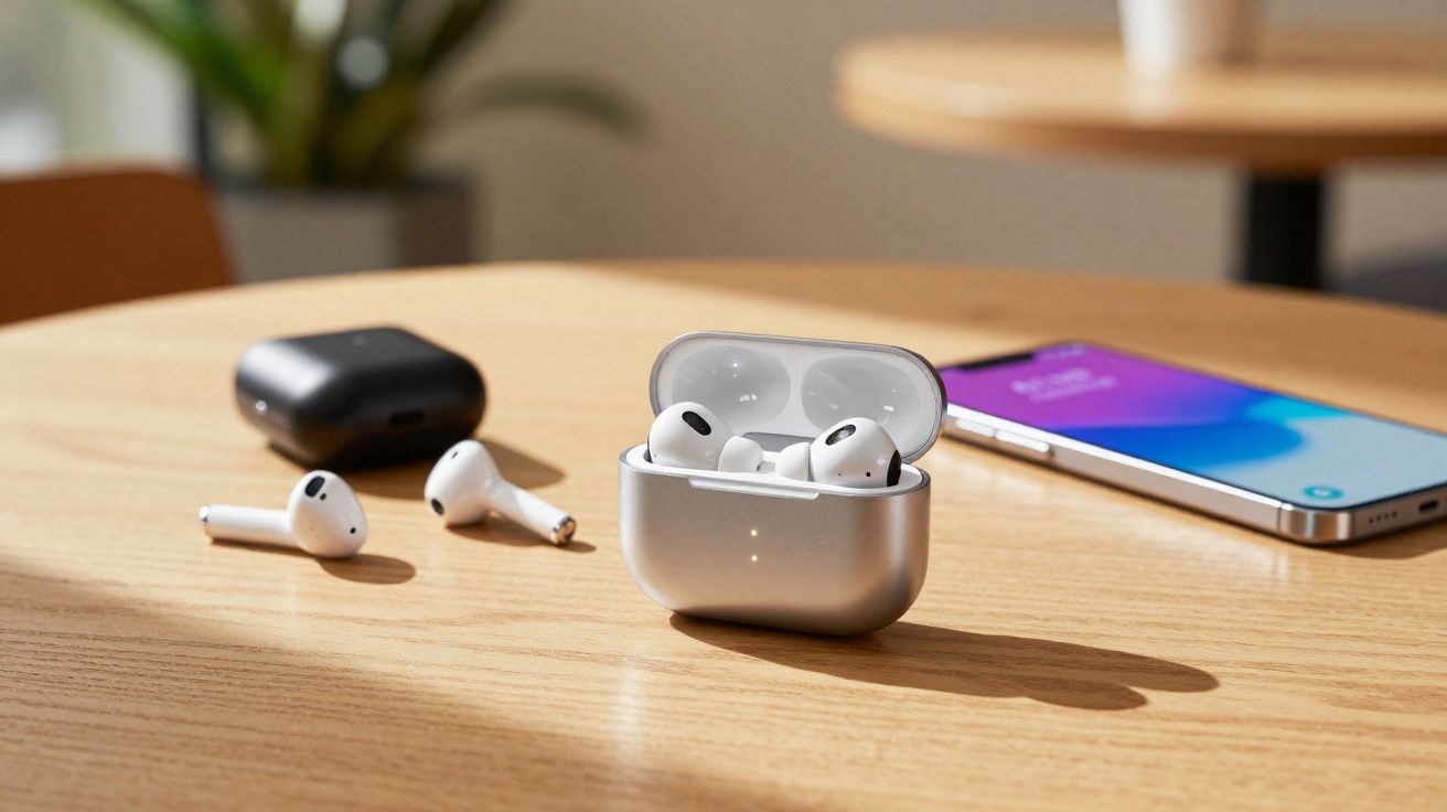 Fones de ouvido sem fio brancos dentro e fora do estojo ao lado de um smartphone sobre mesa de madeira.