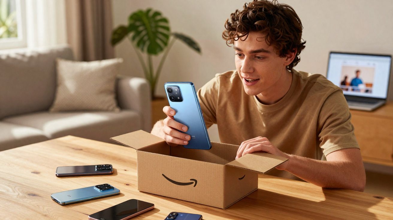 Jovem retirando smartphone azul de caixa da Amazon em mesa de madeira em sala com laptop ao fundo.