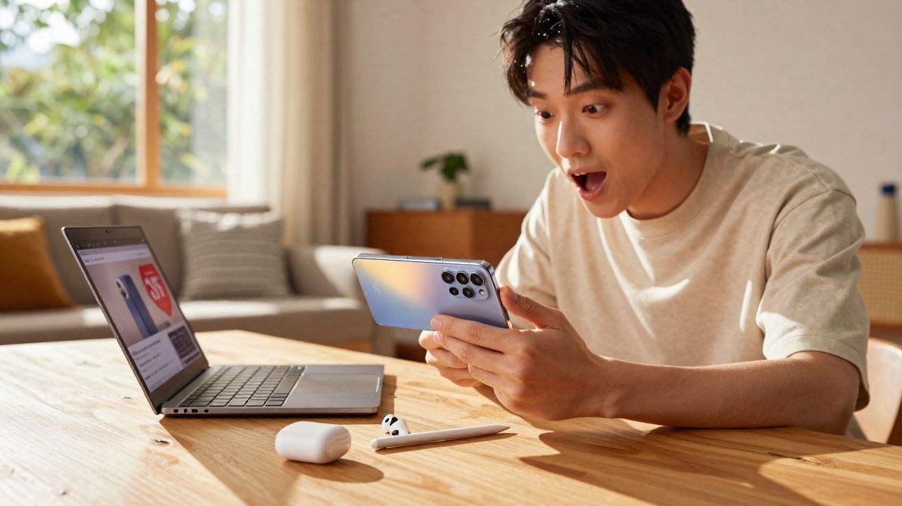 Jovem surpreso olhando para smartphone, com notebook e fones de ouvido sobre mesa de madeira.