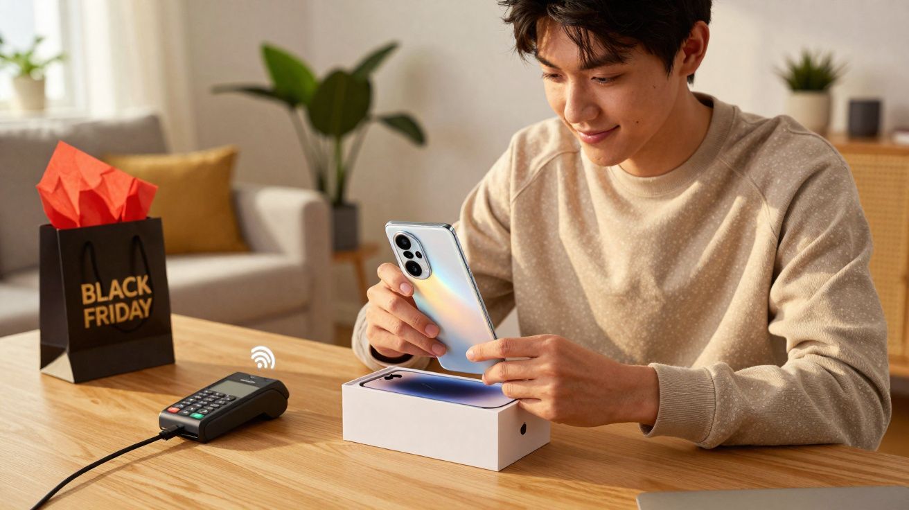 Jovem segurando celular novo ao lado de caixa, máquina de pagamento e sacola de Black Friday.