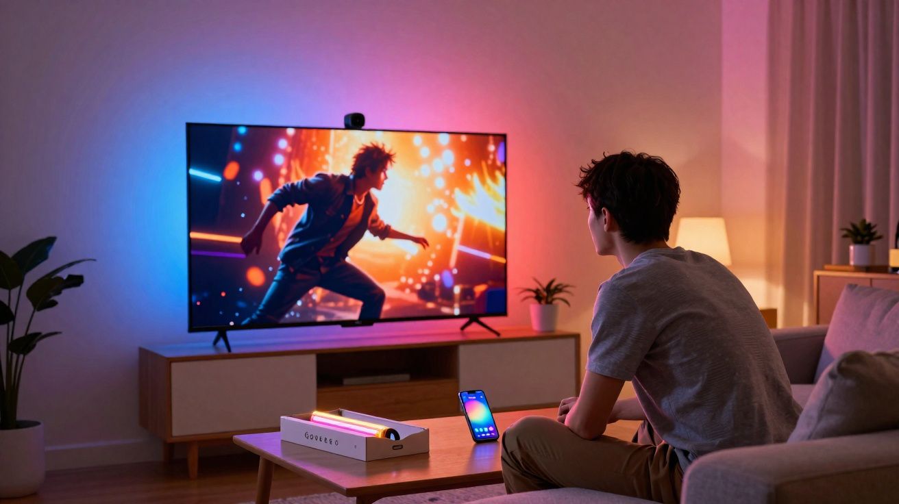 Jovem sentado no sofá assistindo série animada em TV com iluminação ambiente colorida em sala aconchegante.