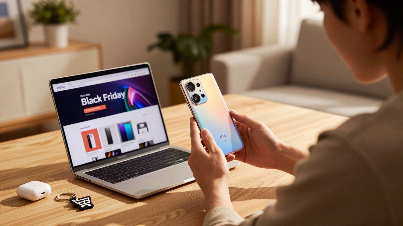 Pessoa segurando smartphone com laptop exibindo página de promoções de Black Friday na mesa de madeira.