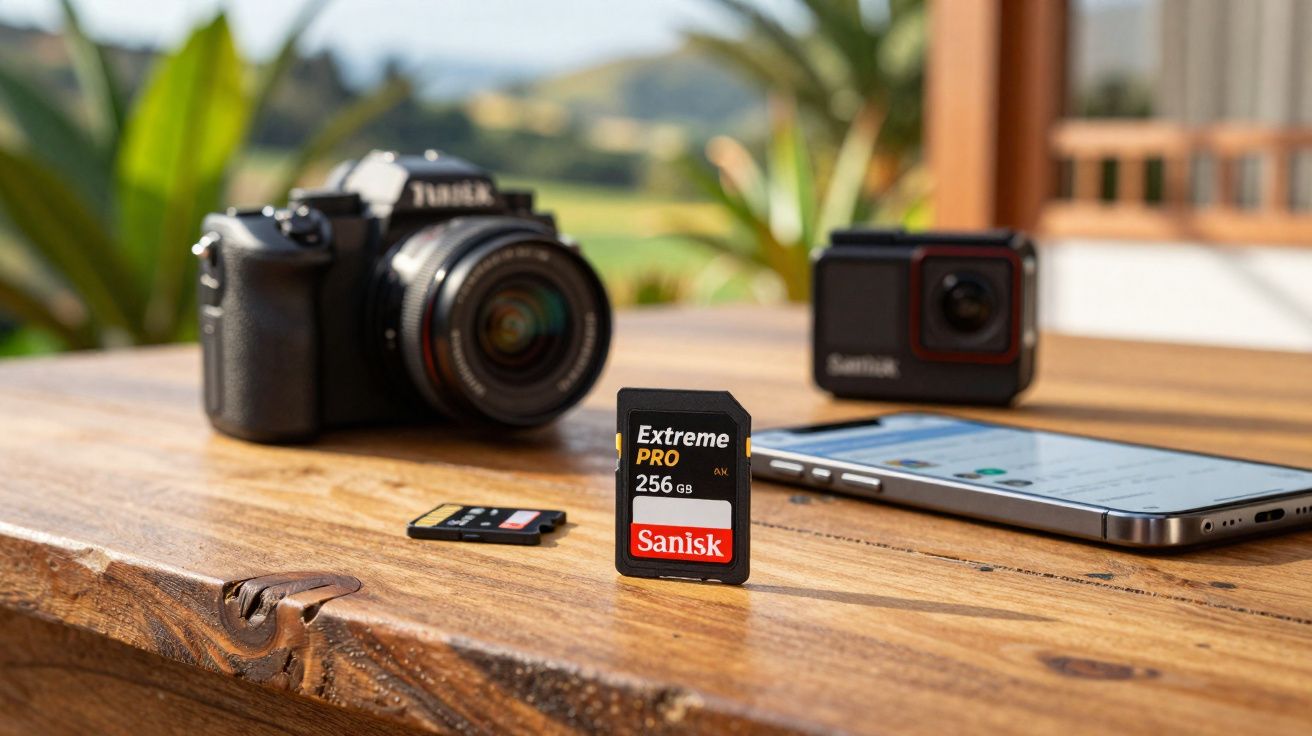 Cartão de memória SanDisk Extreme Pro de 256 GB sobre mesa de madeira com câmera e celular ao fundo.