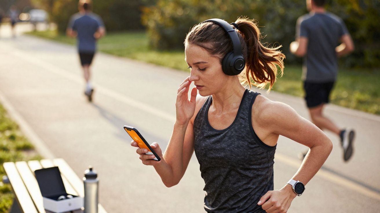Mulher com roupa esportiva correndo e ouvindo música com fones de ouvido em parque ao ar livre.