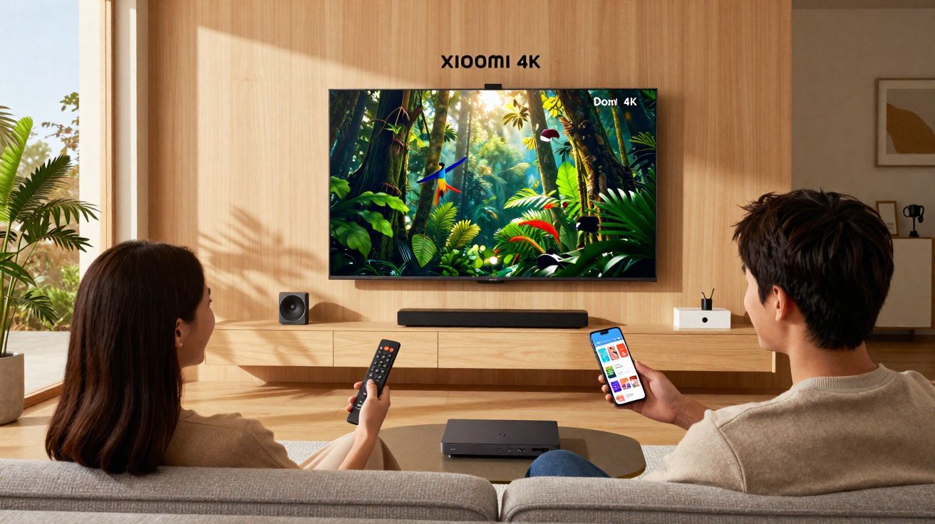 Casal sentado no sofá assistindo TV Xiaomi 4K com celular e controle remoto em ambiente moderno e iluminado.
