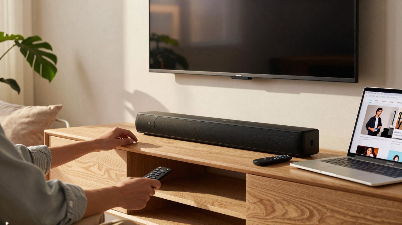 Pessoa usando controle remoto para ajustar soundbar à frente da TV pendurada na parede, com notebook ao lado.