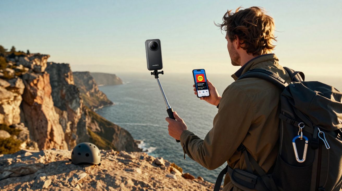 Homem com mochila usa celular e câmera 360º em bastão na beira de penhasco com vista para o mar.