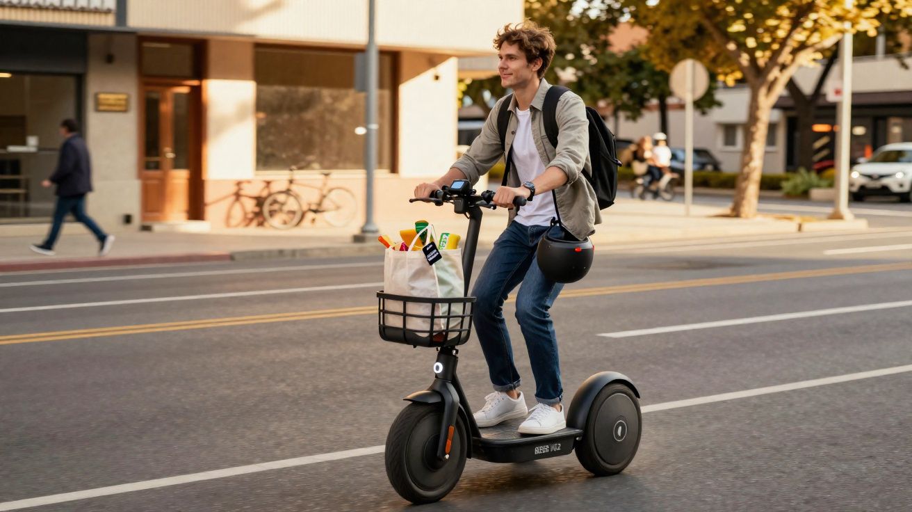 Jovem em patinete elétrico carregando mochila e sacola com compras em rua movimentada na cidade.