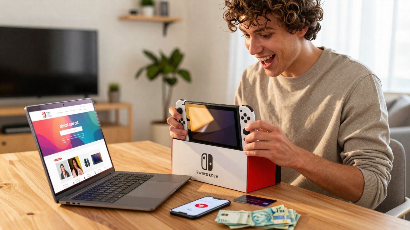 Pessoa feliz segurando um console Nintendo Switch recém retirado da caixa em uma mesa com laptop, celular e dinheiro.