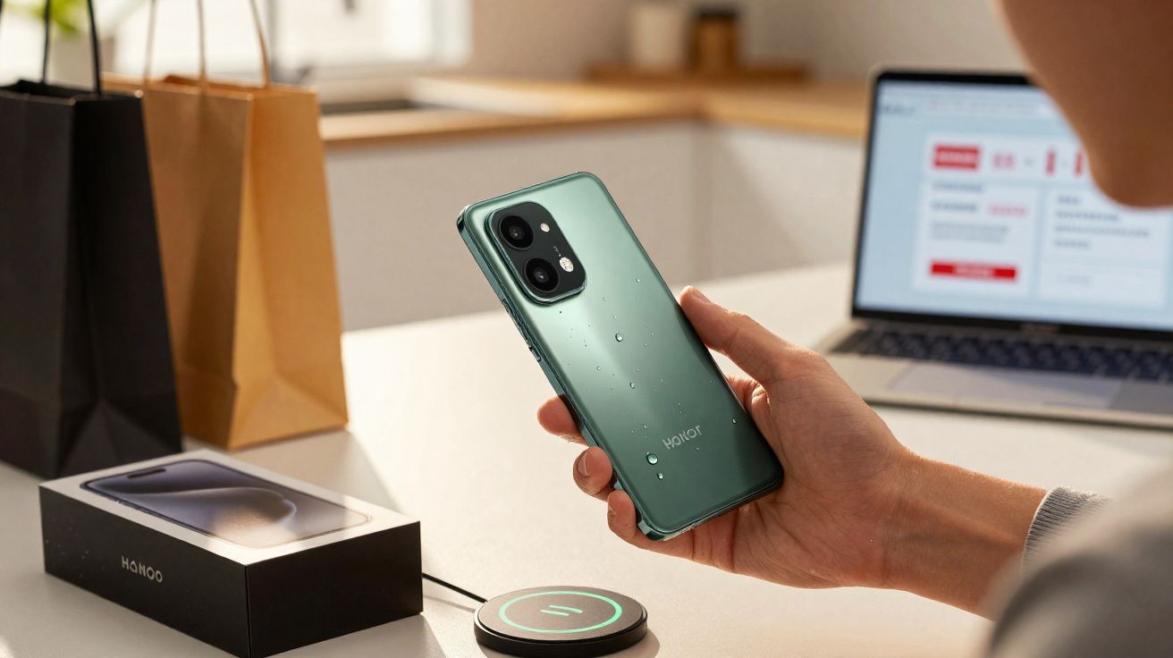 Pessoa segurando smartphone verde com gotas d'água, caixa do aparelho e carregador sem fio na mesa.