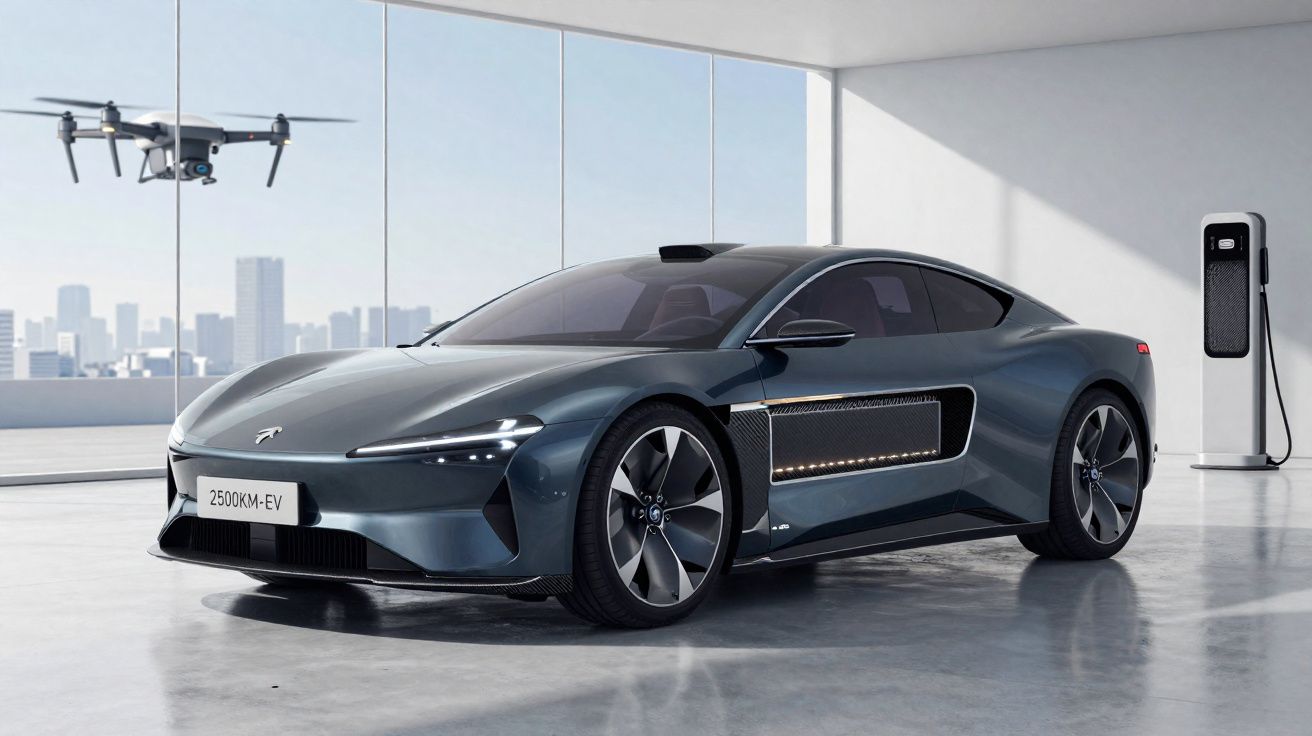 Carro elétrico esportivo cinza estacionado em garagem com carregador e drone voando ao lado.