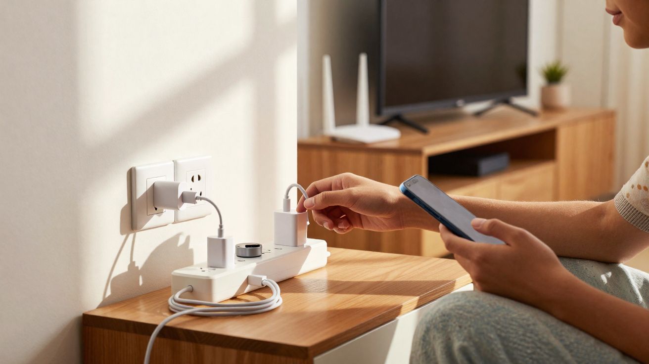 Pessoa conectando cabo USB em tomada múltipla enquanto segura smartphone em ambiente residencial.