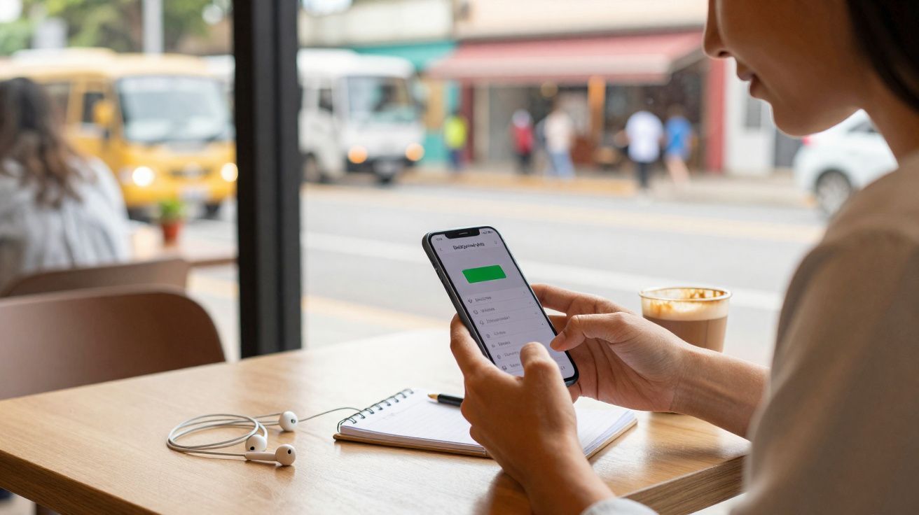 Pessoa usando smartphone em cafeteria, com caderno, fones de ouvido e café na mesa ao lado da janela.