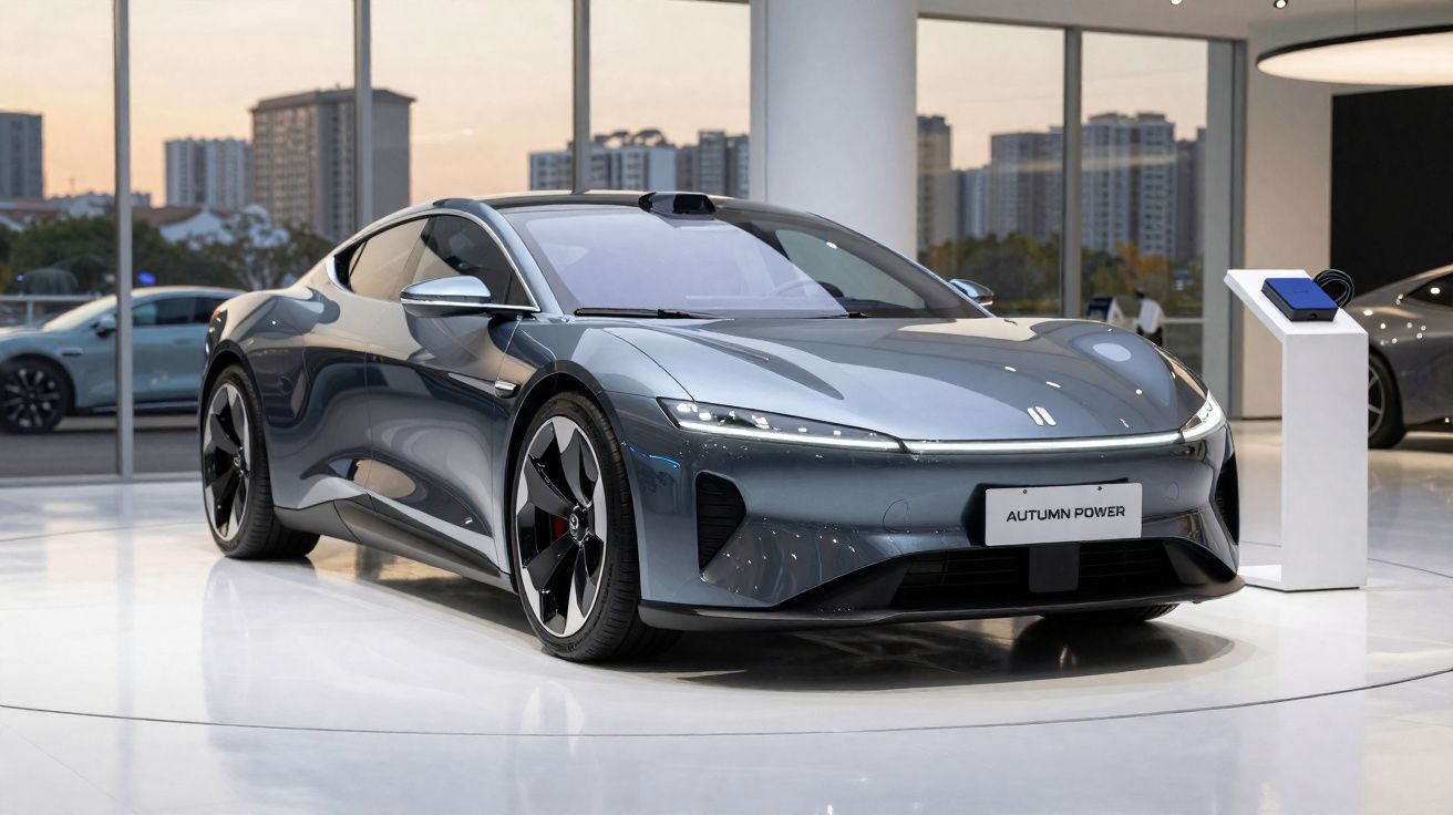 Carro elétrico cinza escuro exposto em showroom moderno com grandes janelas e prédio ao fundo.