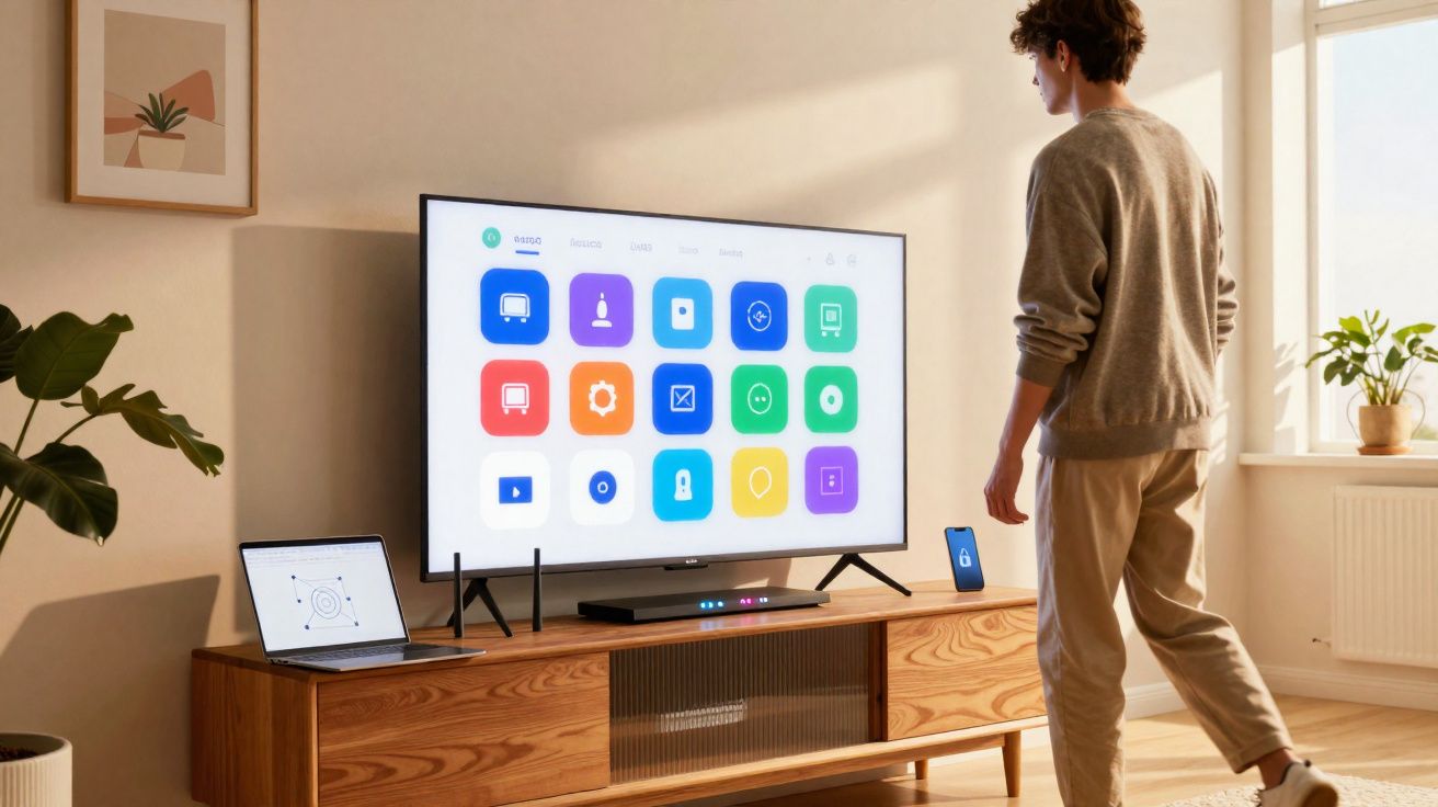 Pessoa em pé interagindo com smart TV em sala iluminada com móvel de madeira e laptop ao lado.