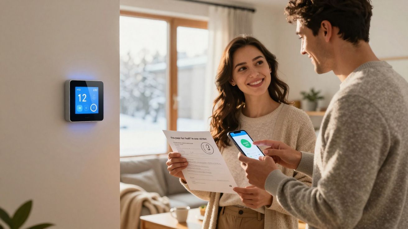 Casal em casa ajustando temperatura no termostato usando smartphone e papel com informações.