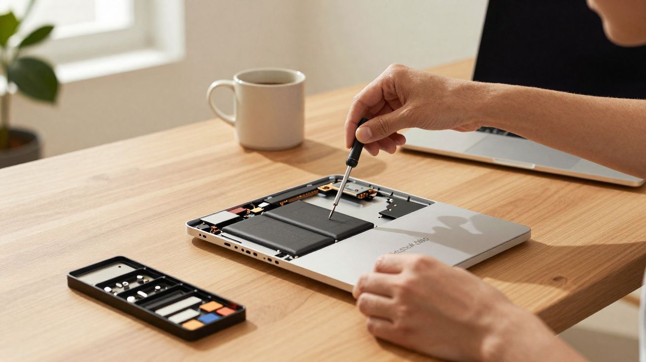 Pessoa abrindo e reparando um notebook em mesa de madeira com ferramentas e caneca ao lado.