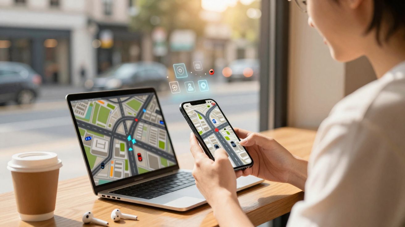 Pessoa usando mapa de navegação no celular e laptop em cafeteria com copo de café e fones de ouvido.
