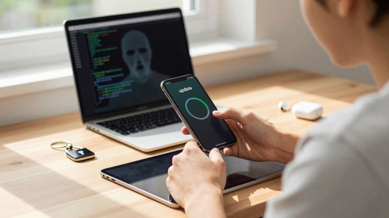 Pessoa atualizando smartphone com laptop exibindo rosto misterioso e códigos ao fundo.