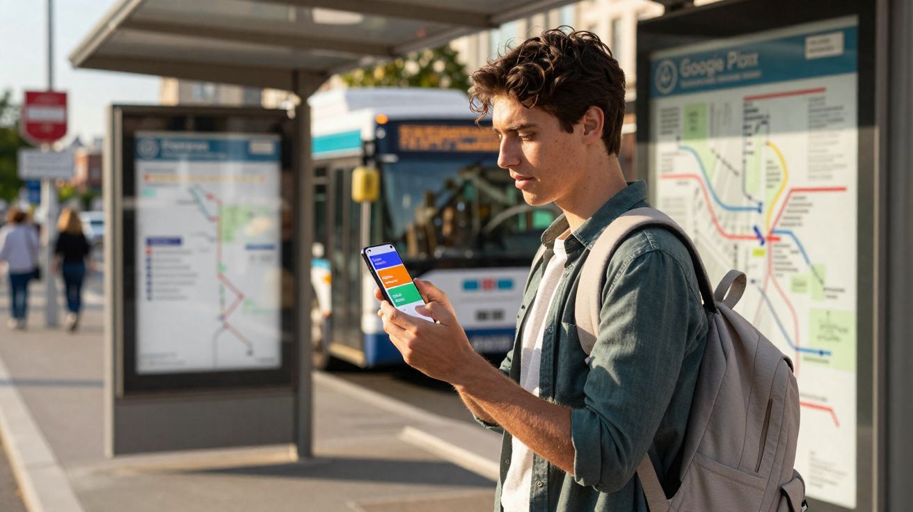 Jovem com mochila usando celular na parada de ônibus com mapa do transporte público ao fundo.