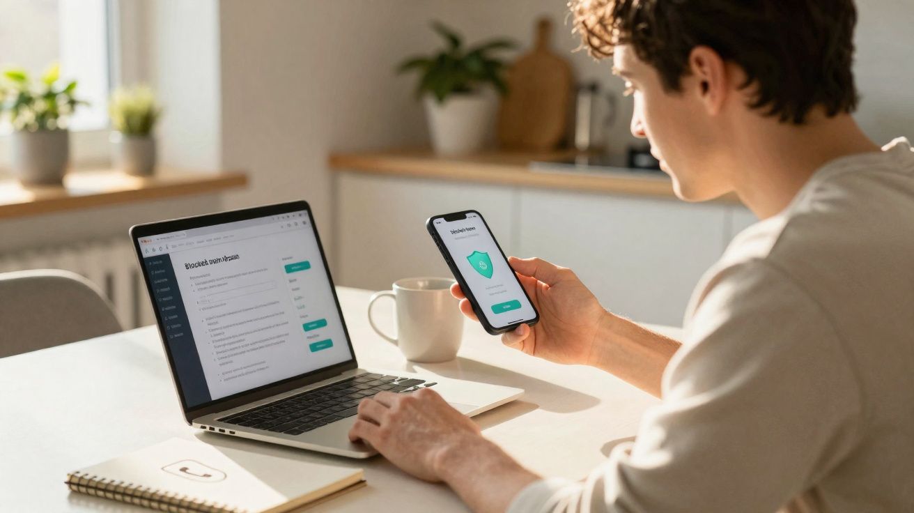 Pessoa usando celular e laptop em mesa branca, demonstrando verificação de segurança digital.