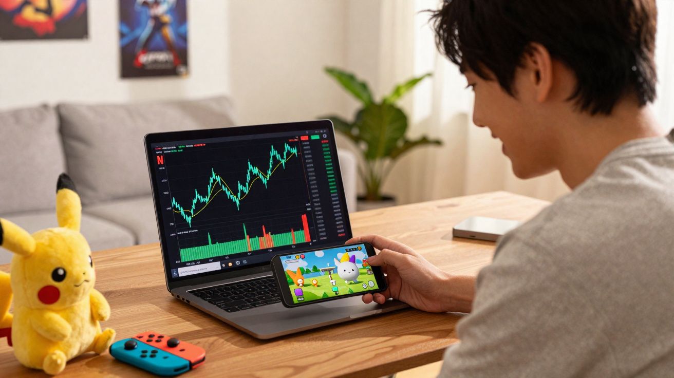 Pessoa jogando no celular e analisando gráfico financeiro no notebook em uma mesa com brinquedos e controles de videogame.