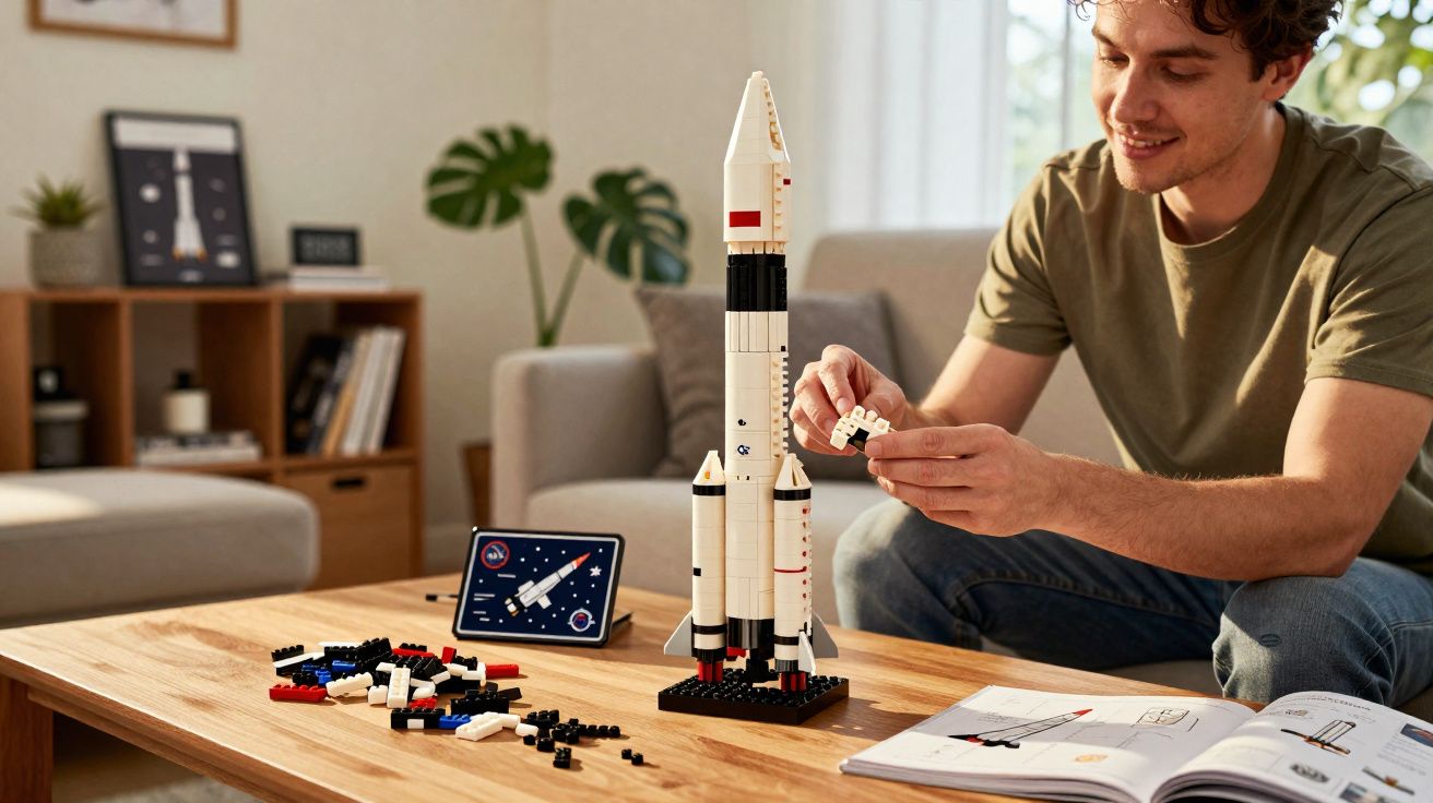 Homem montando foguete de blocos de montar em sala com manual aberto sobre mesa de madeira.