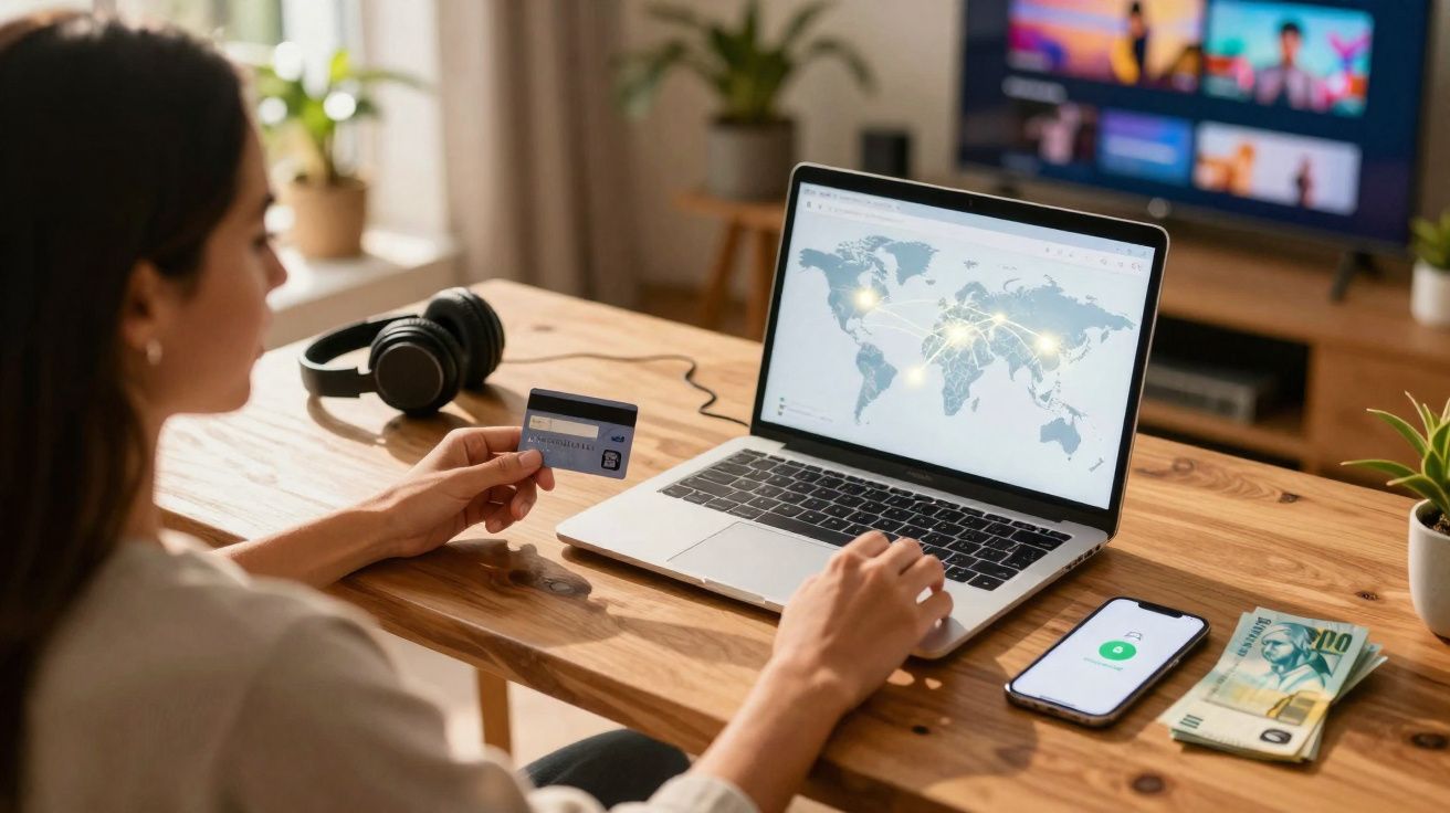 Mulher fazendo compras online com cartão de crédito e laptop mostrando mapa-múndi iluminado.