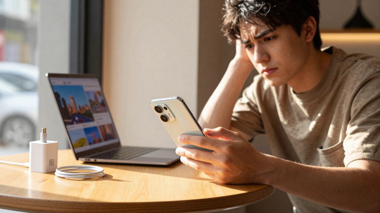Homem sentado em mesa olhando preocupado para celular, com laptop aberto à sua frente.