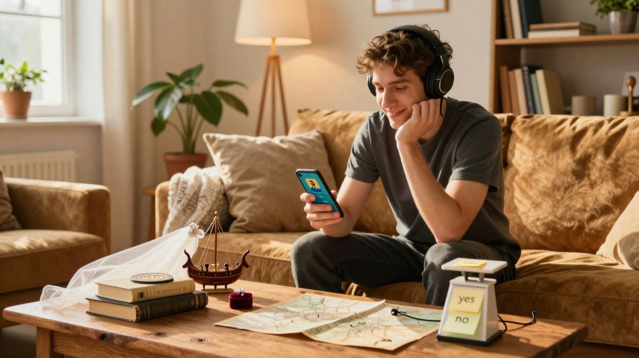 Jovem sentado no sofá ouvindo música com fones e olhando celular em sala aconchegante iluminada.